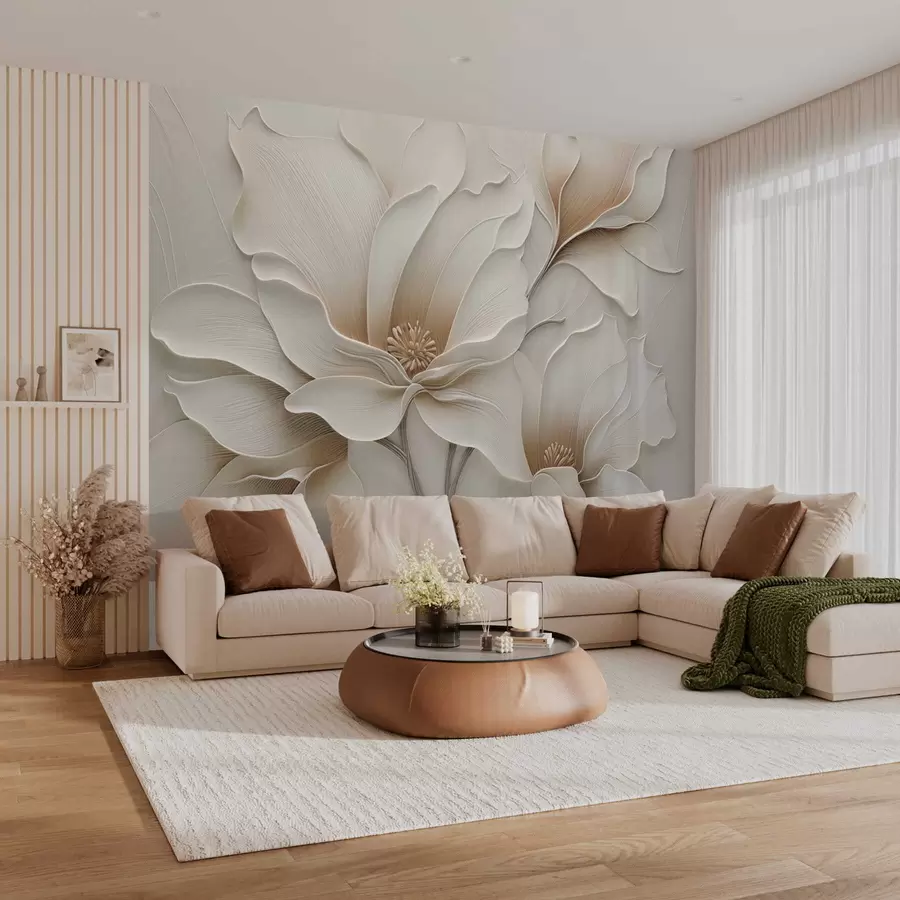 Fotobehang Close-up van beige bloemreliëf in reliëf w05269