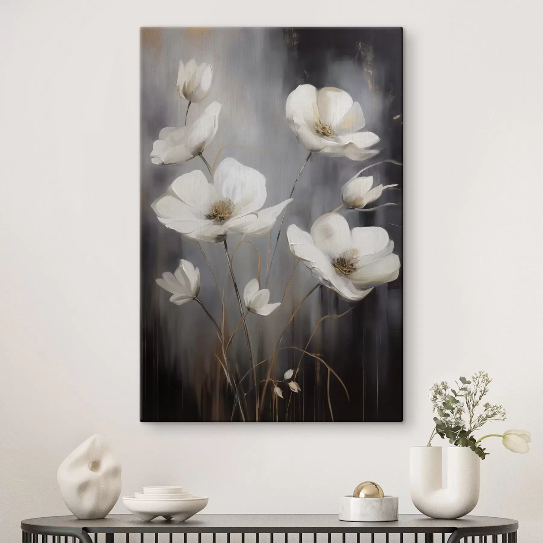  Schilderijen Witte bloemen met bruine hartjes en dunne stelen tegen een donkere, gestructureerde achtergrond s47858