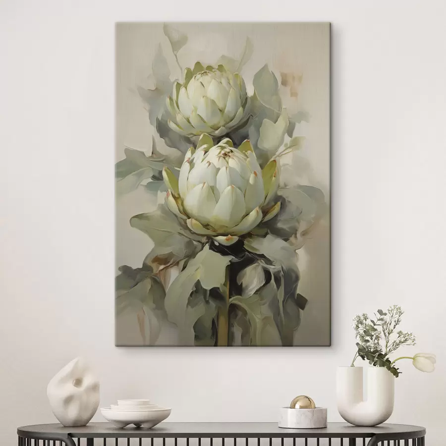  Peintures Style pictural représentant plusieurs fleurs de protéa blanches avec de grandes feuilles vertes sur un fond clair. s47862