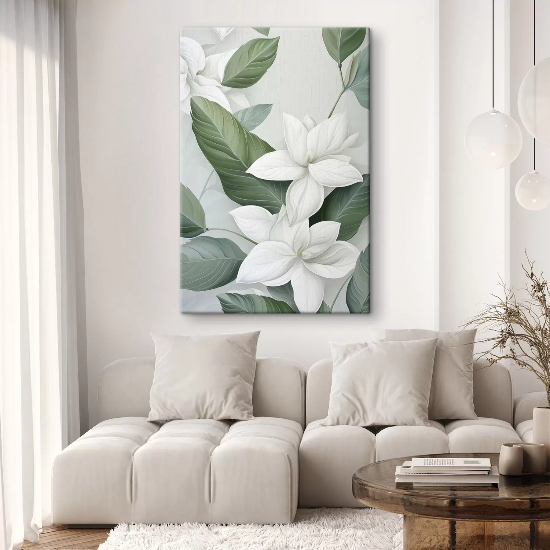  Peintures Fleurs blanches avec feuilles vertes, fond pastel s47869