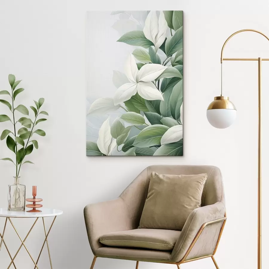  Peintures Fleurs blanches avec feuilles vertes, fond pastel s47870