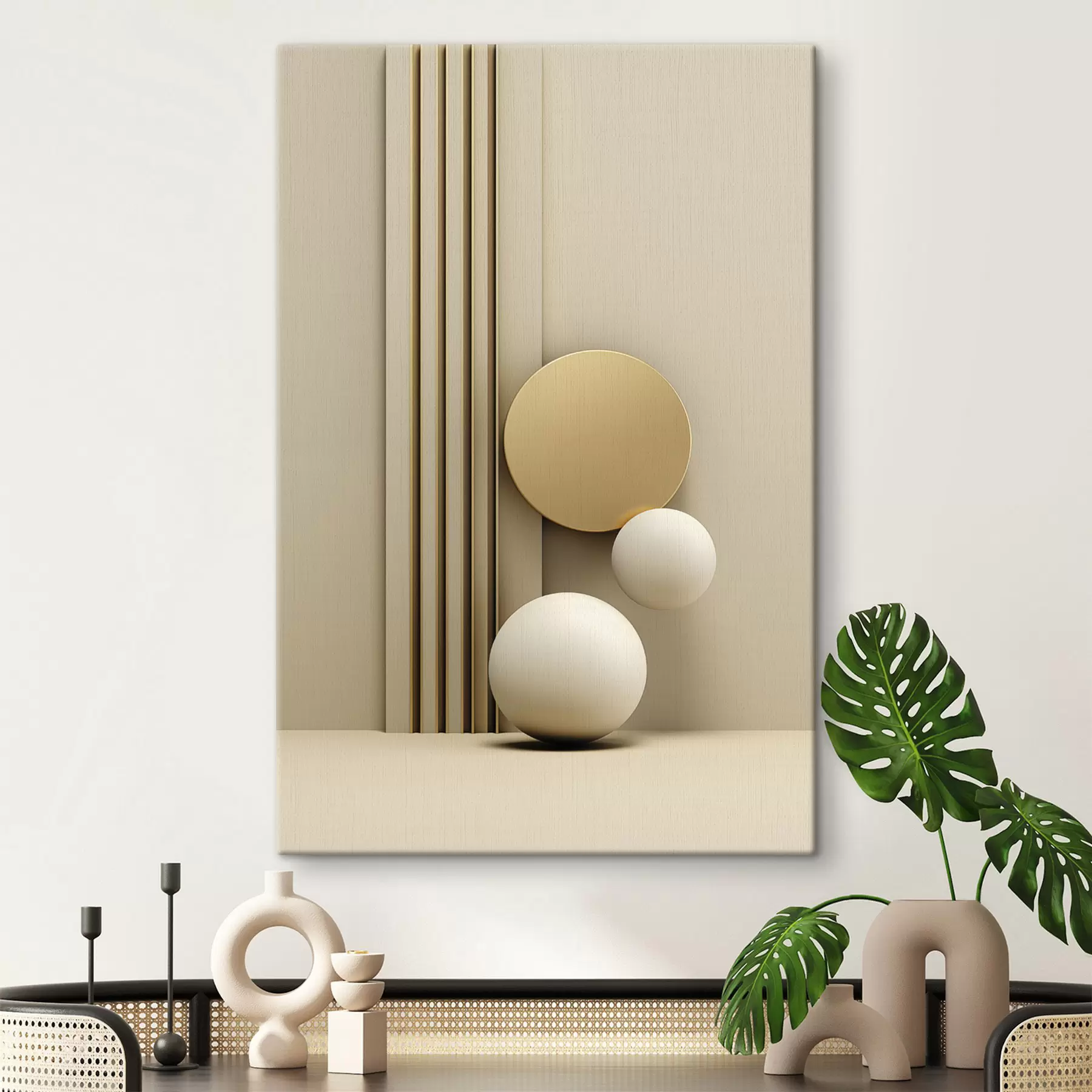  Peintures Art moderne abstrait beige avec lignes verticales et sphères s47871