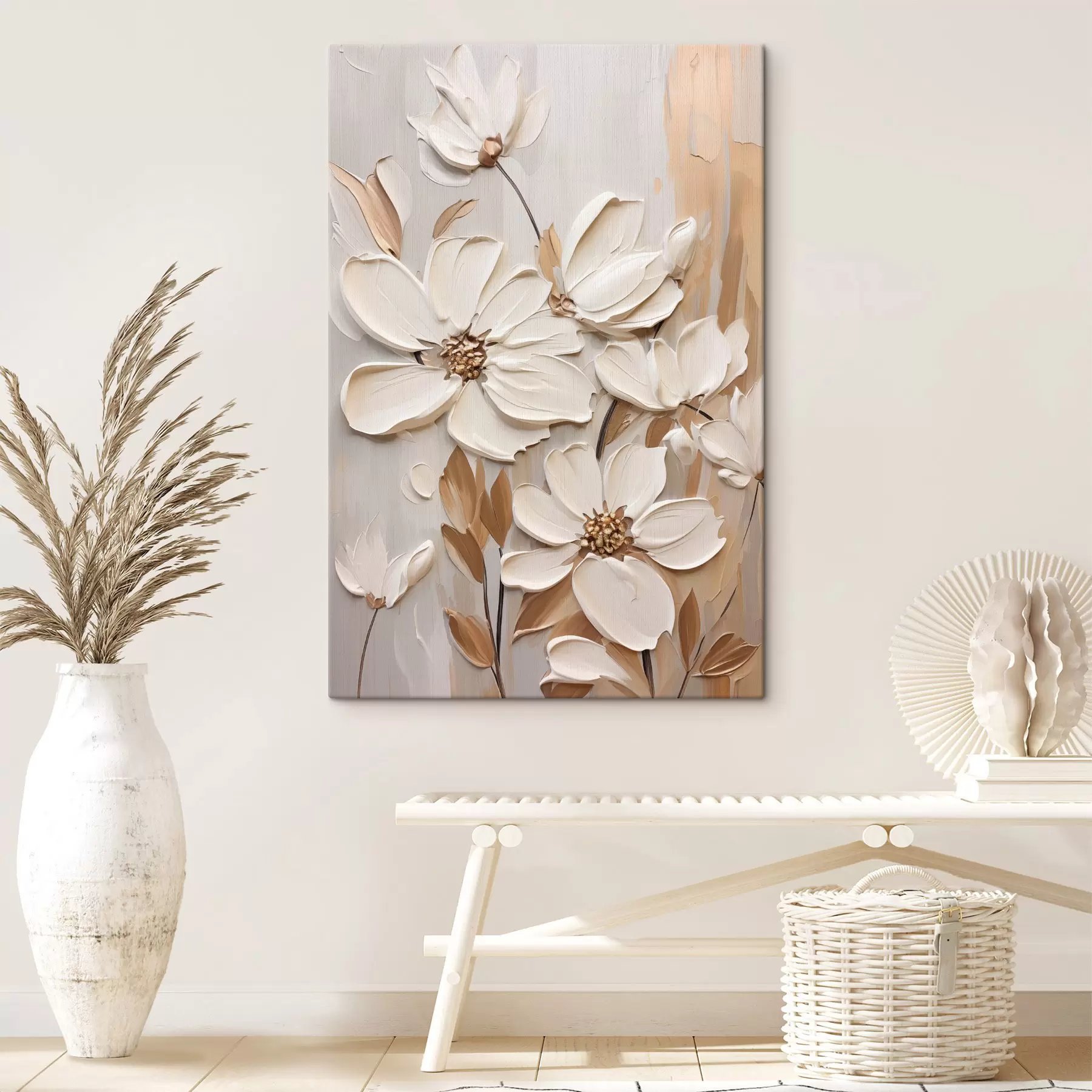 Peintures Fleurs blanches abstraites aux pétales texturés, sur fond neutre avec imitation de coups de pinceau subtils. s47873