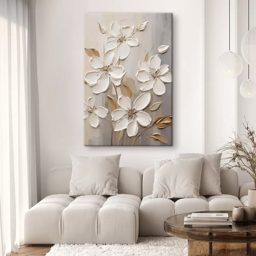  Peintures Fleurs blanches abstraites aux pétales texturés, sur fond neutre avec imitation de coups de pinceau subtils. s47874