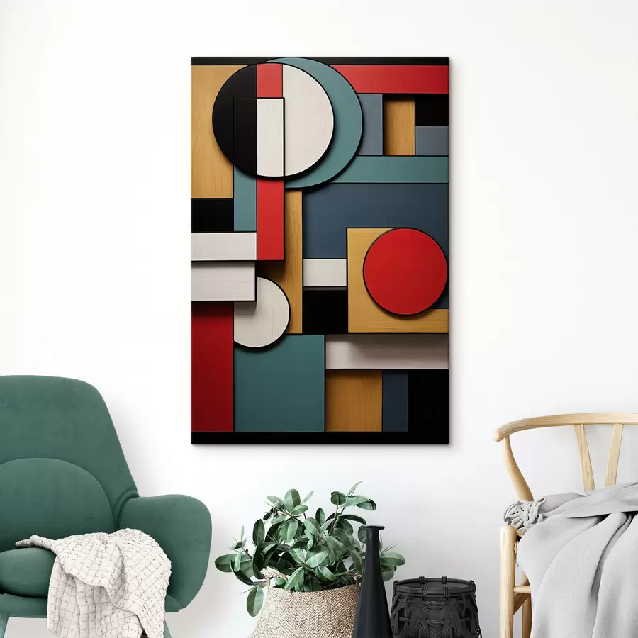  Peintures Composition géométrique abstraite avec imitation de texture bois, rectangles et cercles rouges, noirs, blancs et bleu sarcelle s47875