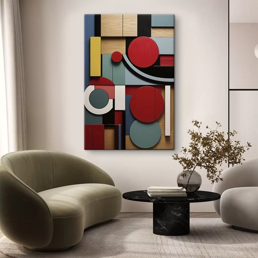  Peintures Composition géométrique abstraite avec imitation de texture bois, rectangles et cercles rouges, noirs, blancs et bleu sarcelle s47876