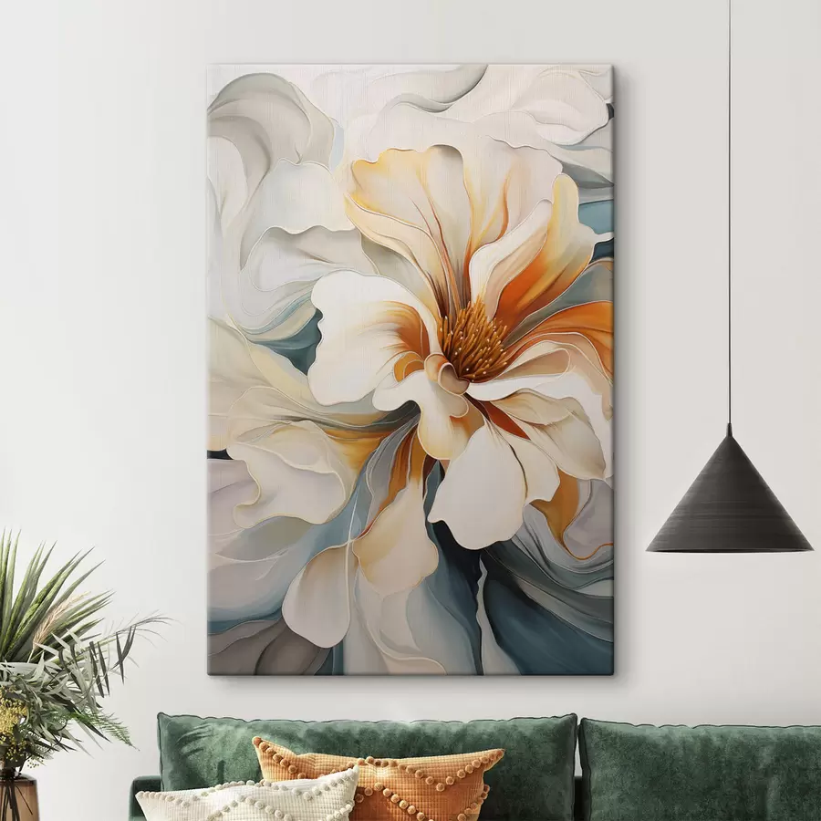  Peintures Fleur abstraite de grande taille avec des pétales blancs, orange et bleu sarcelle, fond texturé s47877