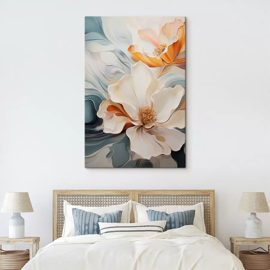  Peintures Fleur abstraite de grande taille avec des pétales blancs, orange et bleu sarcelle, fond texturé s47878