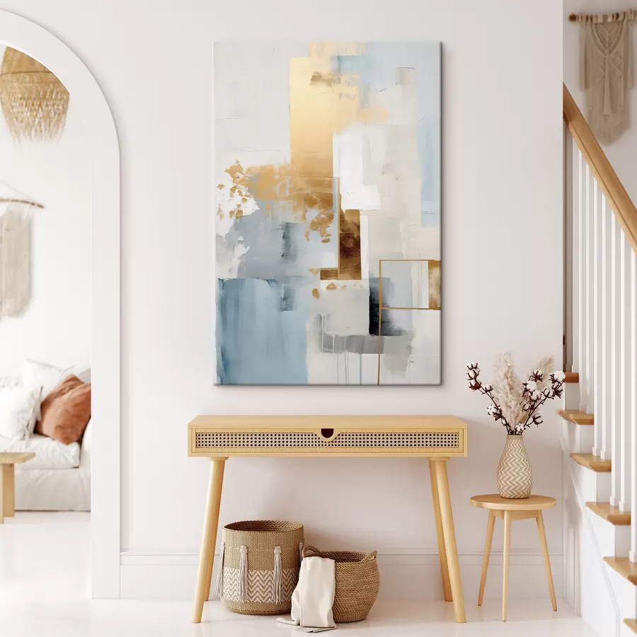  Peintures Formes géométriques abstraites aux couleurs jaune, bleu et blanc, composition texturée et minimaliste s47881