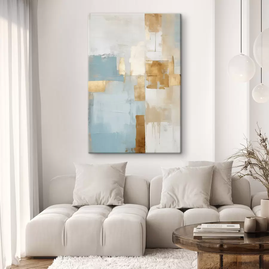  Peintures Formes géométriques abstraites aux couleurs jaune, bleu et blanc, composition texturée et minimaliste s47882