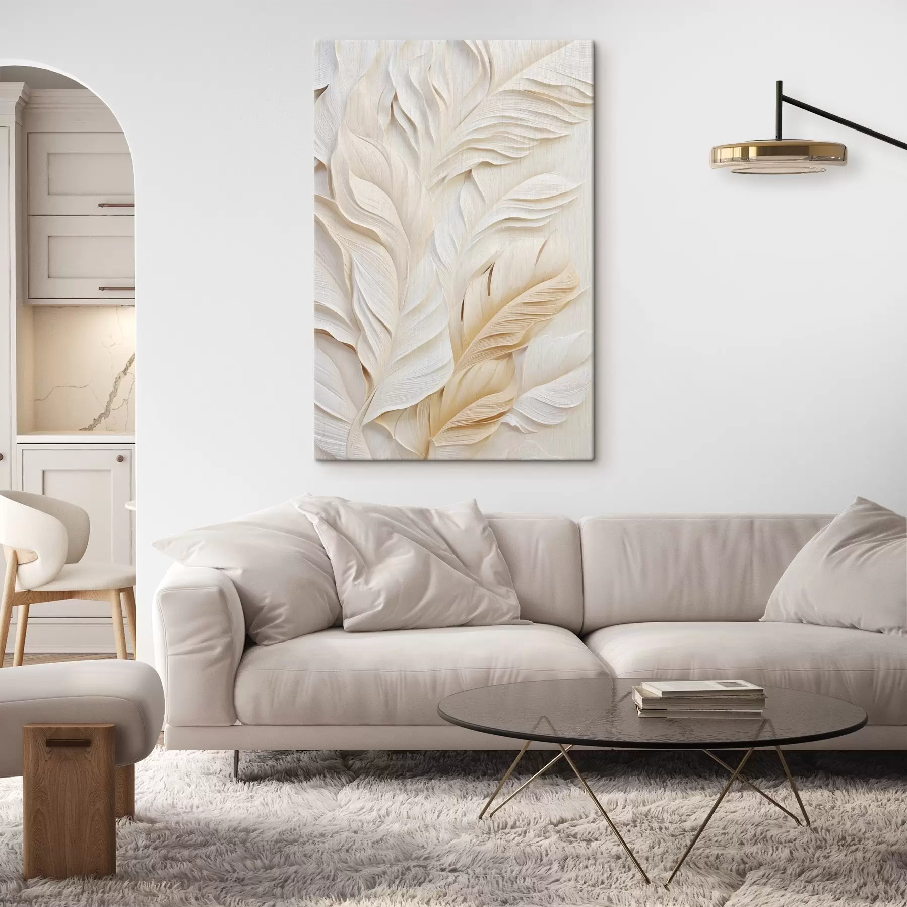  Peintures Plumes de couleur crème se chevauchant, sur un fond clair et doux. s47884