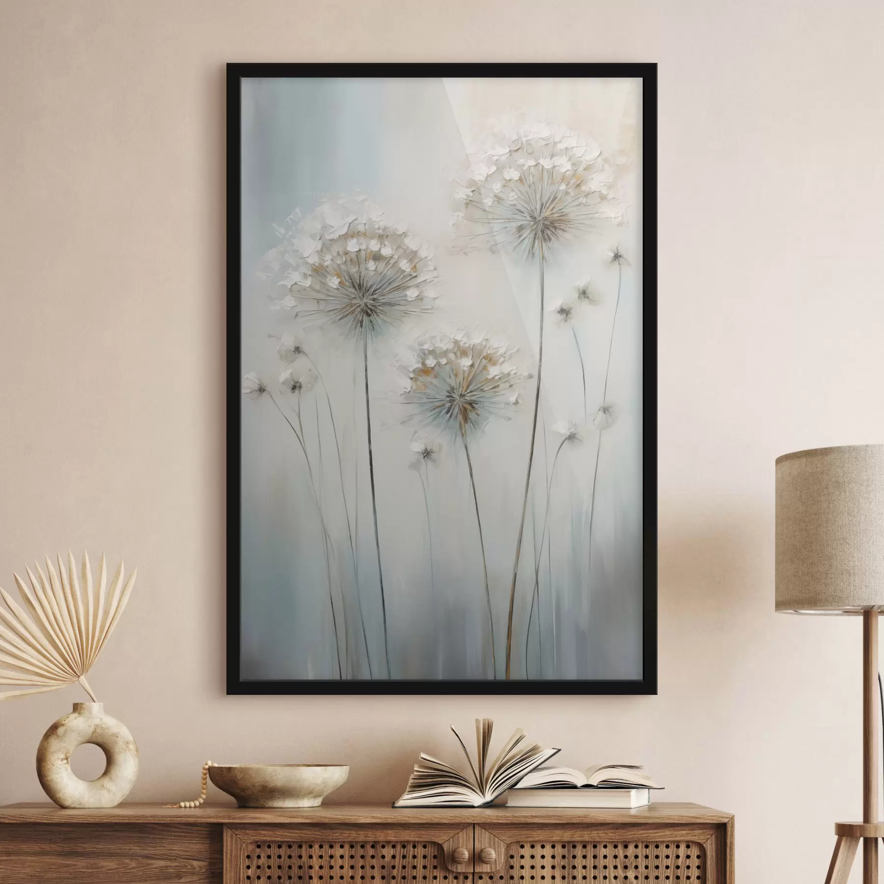 Fotobehang Textuurrijke schilderstijl van paardenbloemen tegen een zachte blauw-witte achtergrond f47855