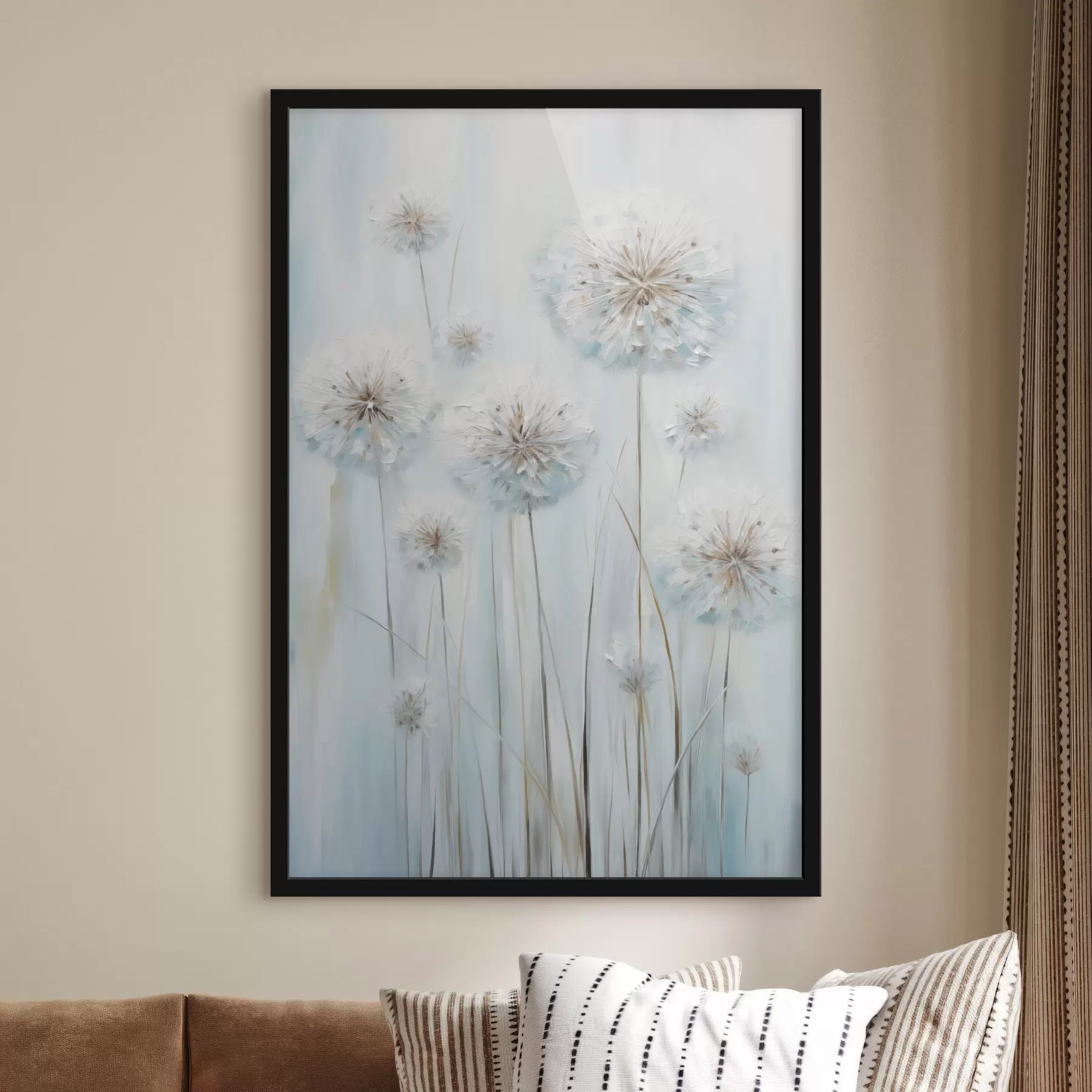 Papier peint photo Style pictural texturé représentant des pissenlits sur un fond bleu et blanc doux f47856