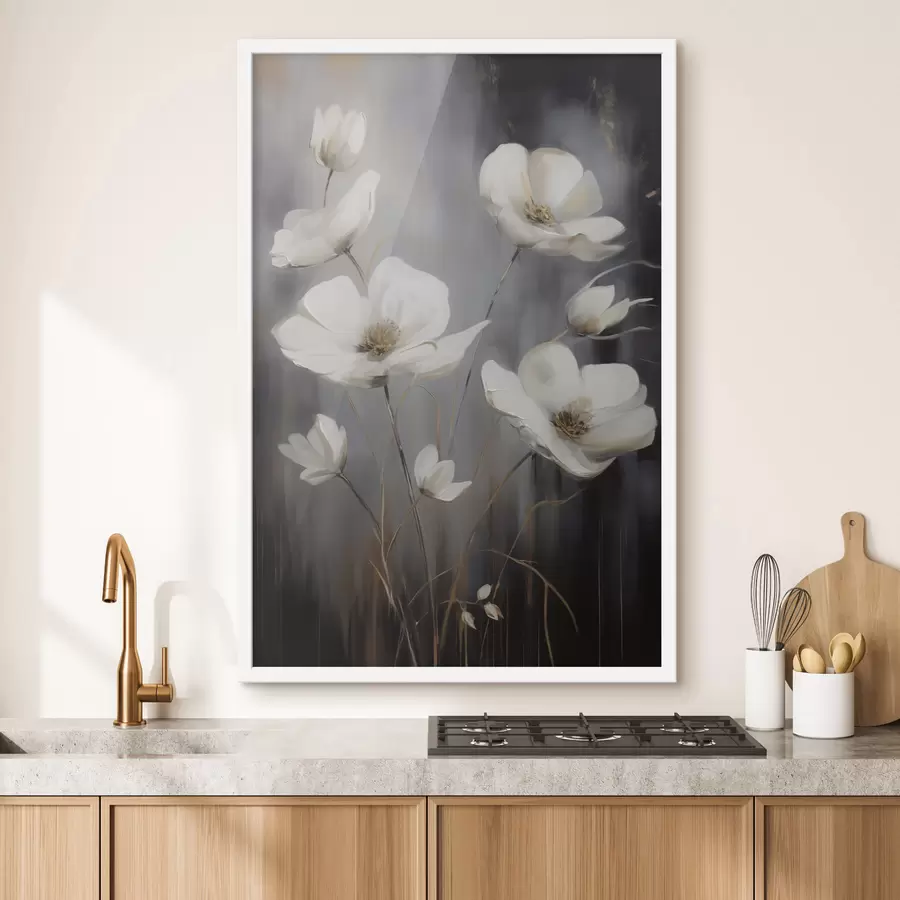 Papier peint photo Fleurs blanches au cœur brun et aux tiges fines sur fond sombre et texturé f47858