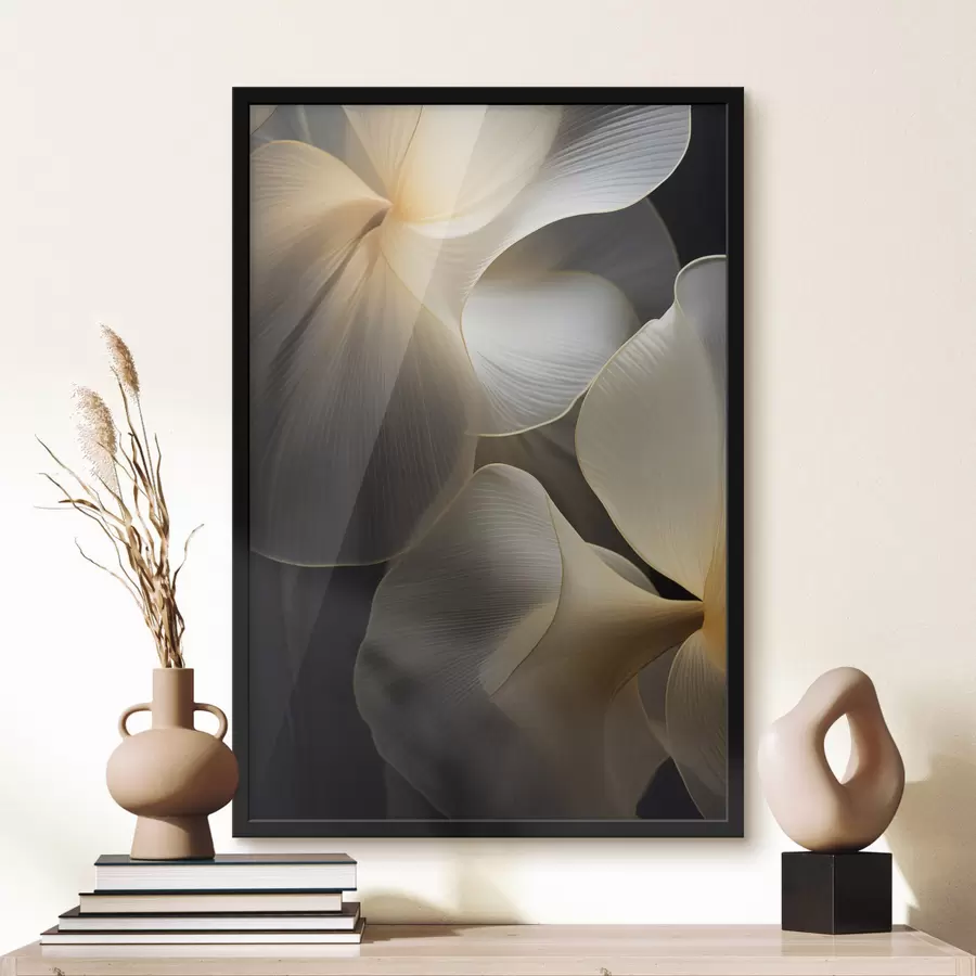 Papier peint photo Pétales abstraits translucides aux lignes délicates, sur fond sombre f47859