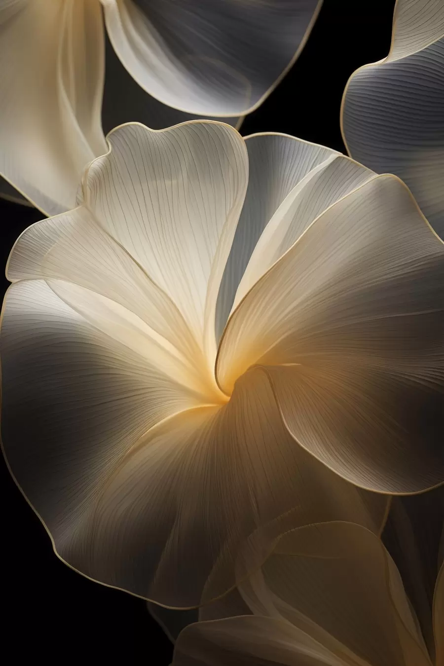 Papier peint photo Pétales abstraits translucides aux lignes délicates, sur fond sombre f47860