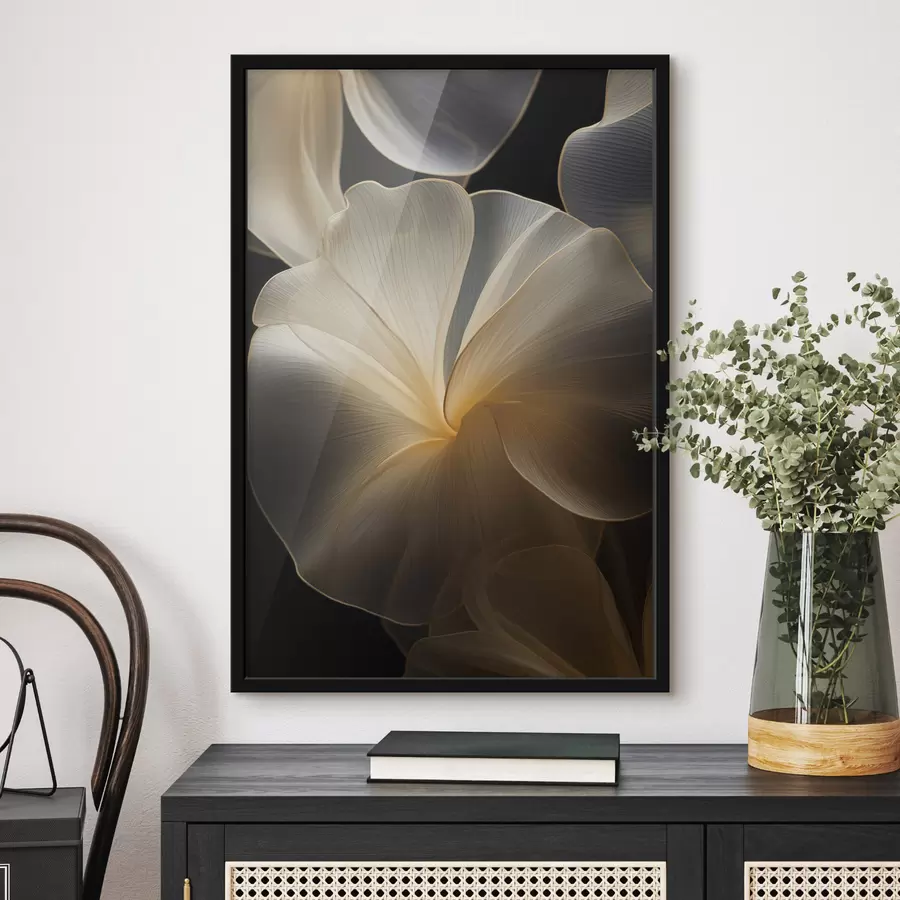 Papier peint photo Pétales abstraits translucides aux lignes délicates, sur fond sombre f47860