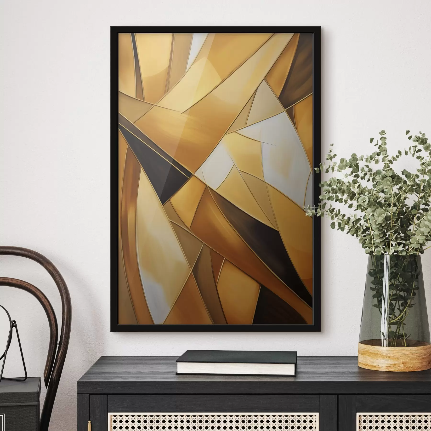 Papier peint photo Formes géométriques abstraites dans des tons orange, marron et blanc avec des contours fins sur un fond texturé. f47863