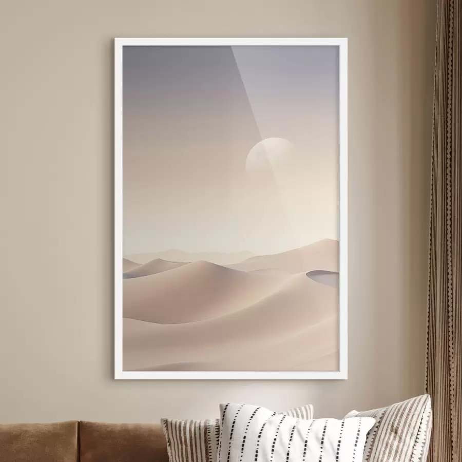 Papier peint photo Un paysage désertique avec des dunes de sable ondulantes sous un ciel pastel doux, des montagnes lointaines en arrière-plan. f47866