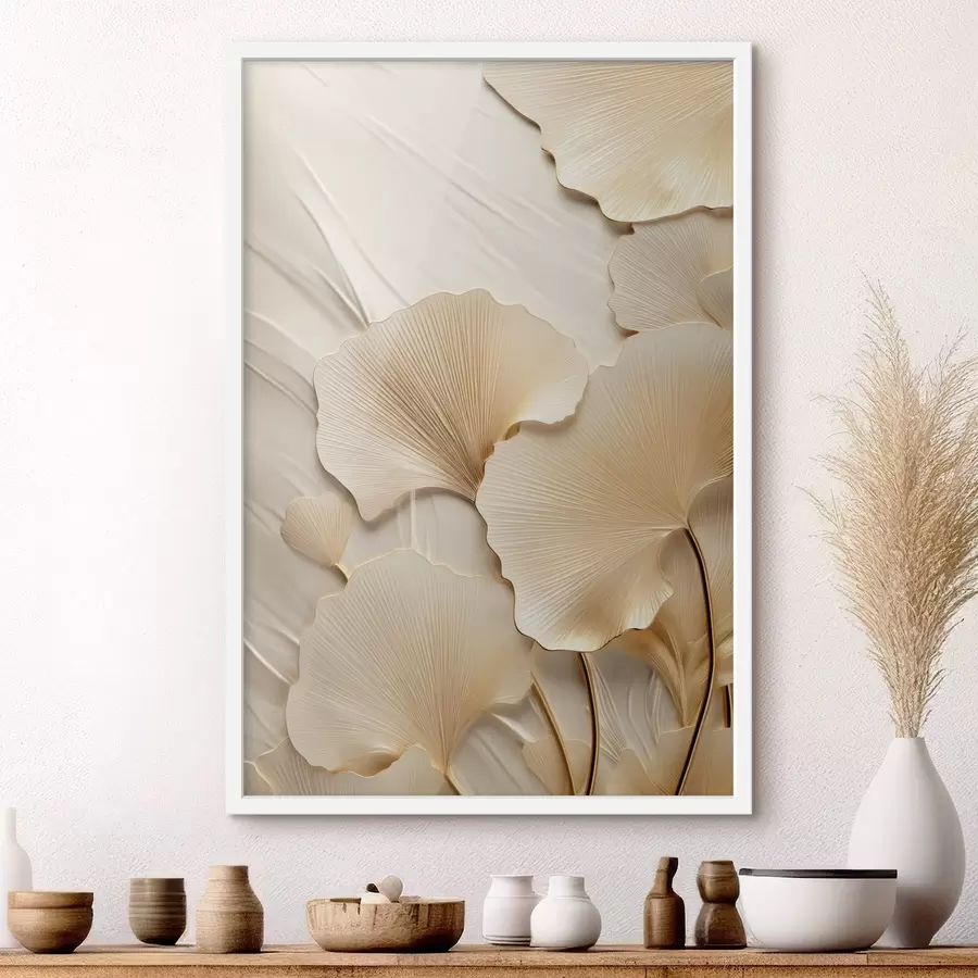 Papier peint photo Feuilles de ginkgo abstraites sur fond clair texturé, composition élégante et abstraite f47867