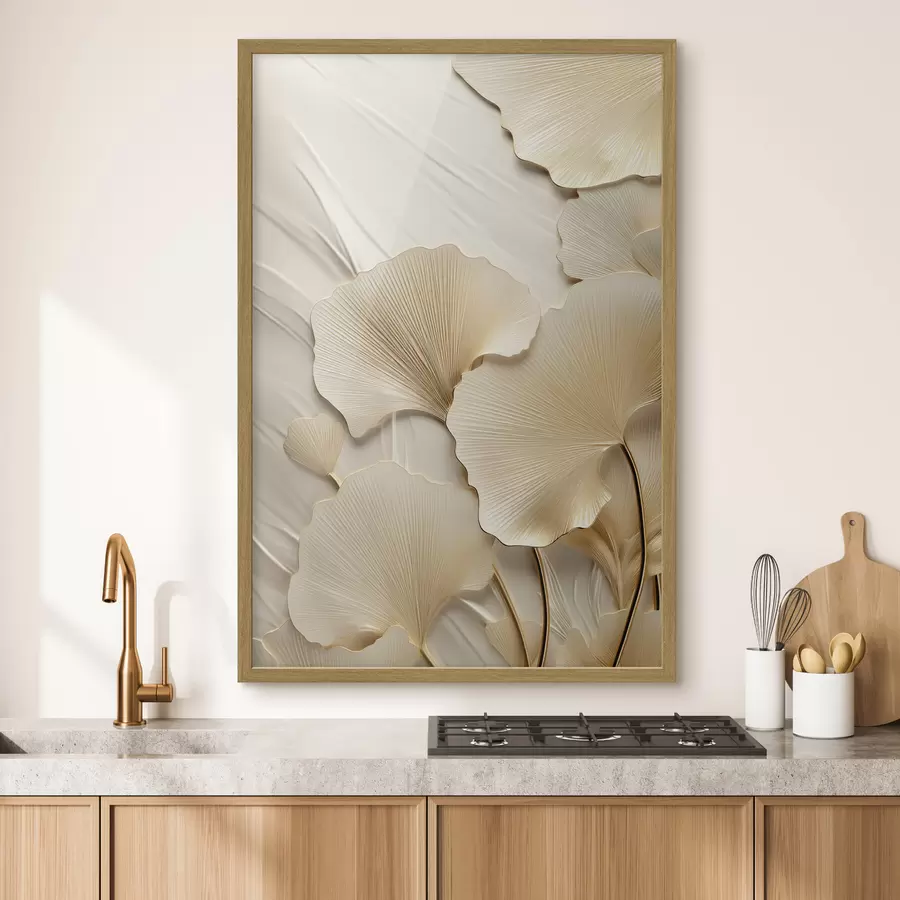 Papier peint photo Feuilles de ginkgo abstraites sur fond clair texturé, composition élégante et abstraite f47867