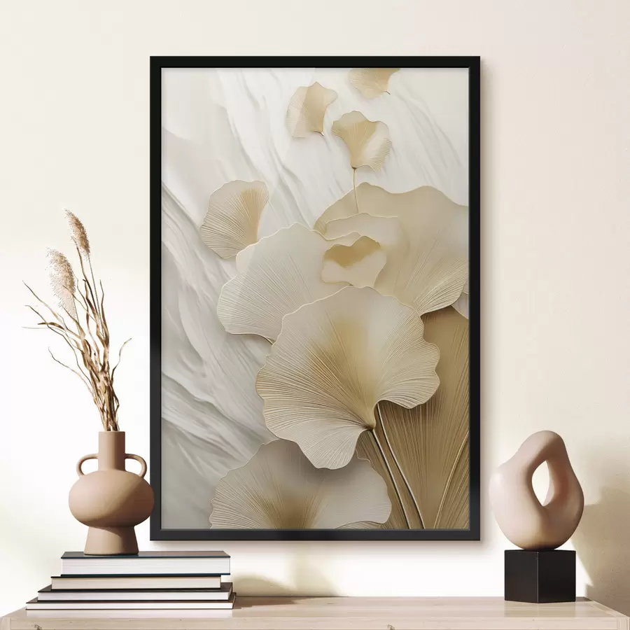 Papier peint photo Feuilles de ginkgo abstraites sur fond clair texturé, composition élégante et abstraite f47868