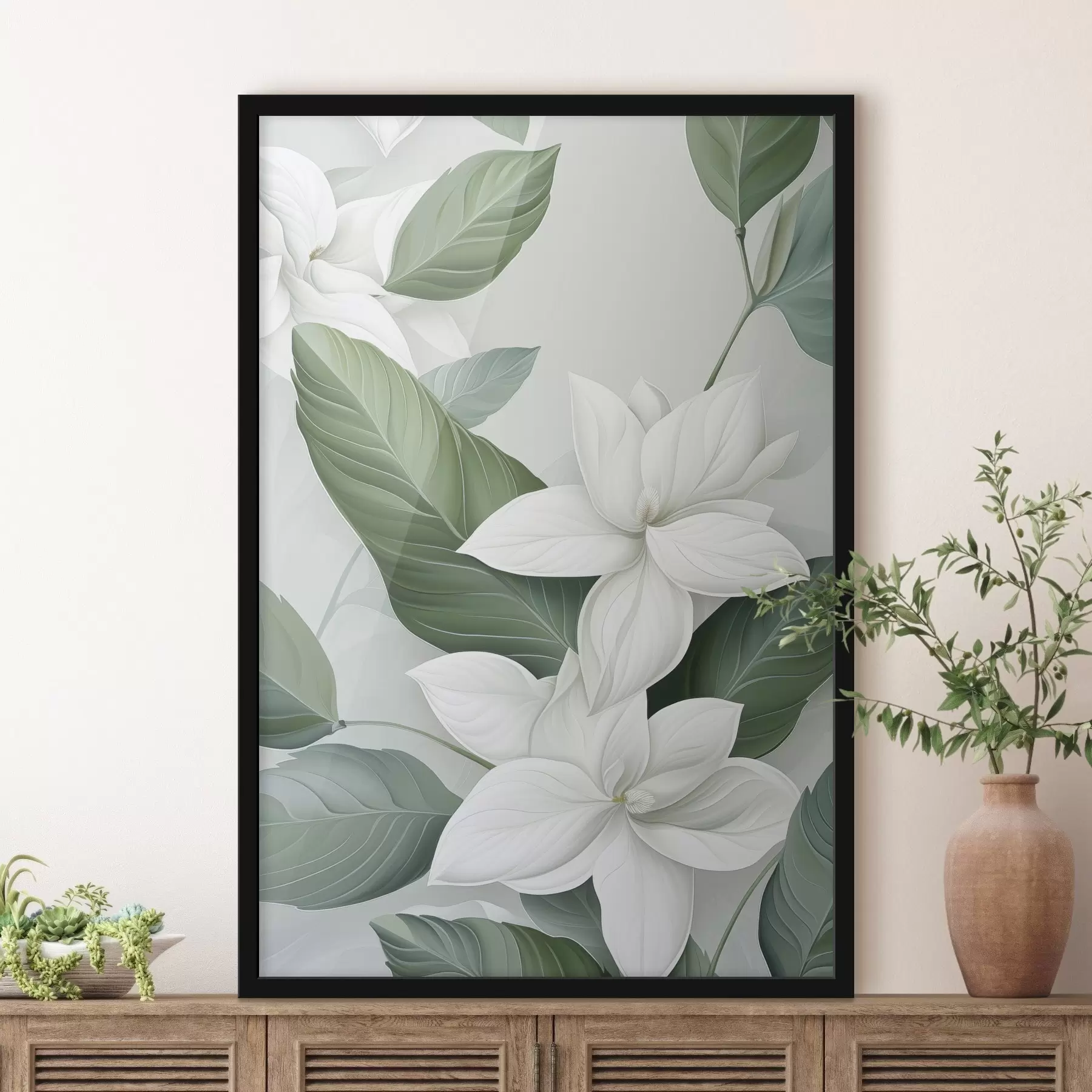 Papier peint photo Fleurs blanches avec feuilles vertes, fond pastel f47869