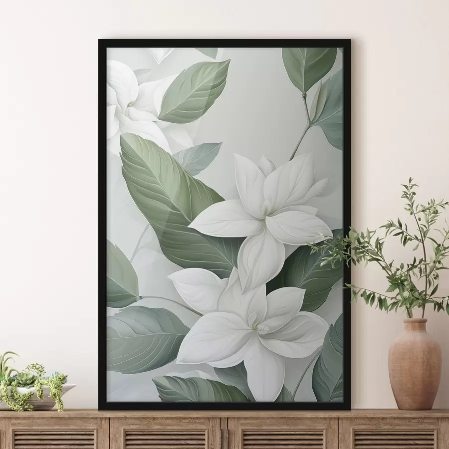 Papier peint photo Fleurs blanches avec feuilles vertes, fond pastel f47869