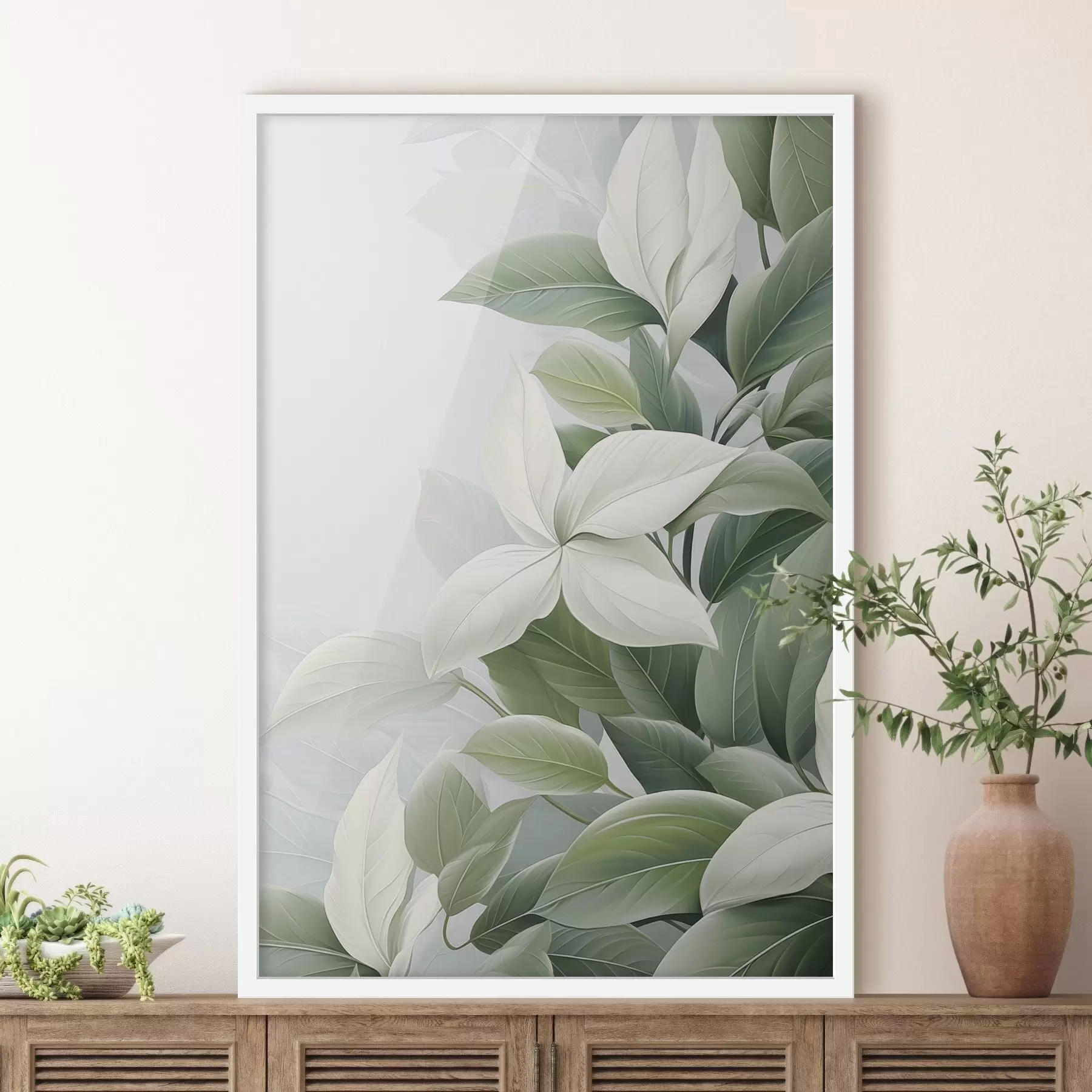 Papier peint photo Fleurs blanches avec feuilles vertes, fond pastel f47870