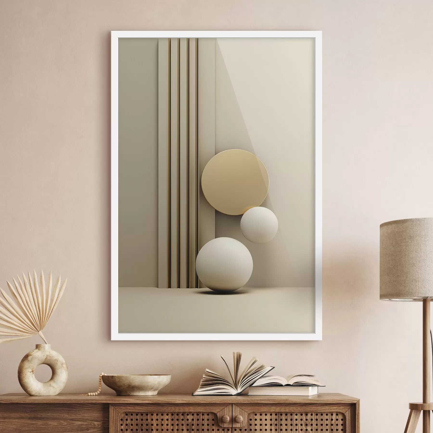 Papier peint photo Art moderne abstrait beige avec lignes verticales et sphères f47871