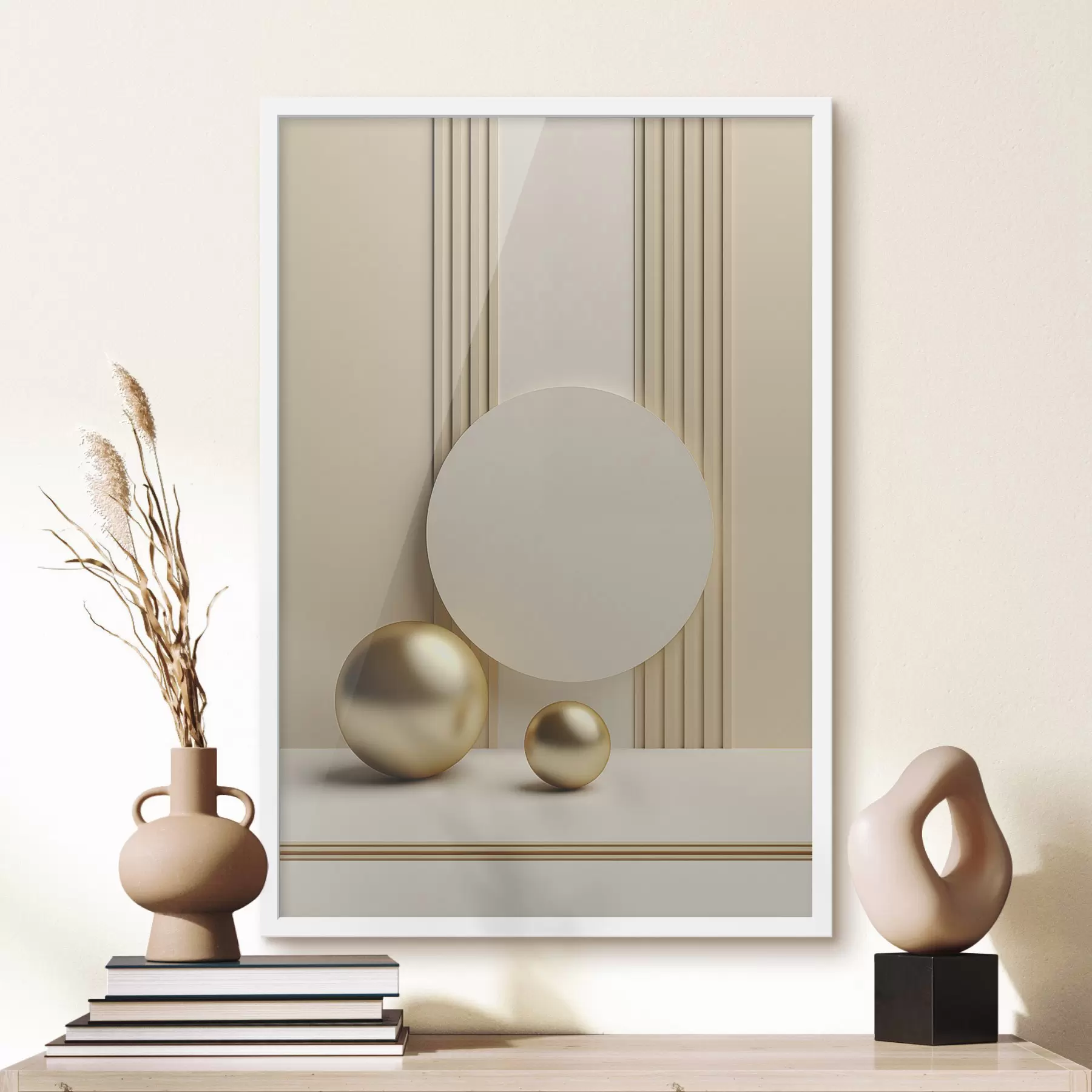 Papier peint photo Art moderne abstrait beige avec lignes verticales et sphères f47872