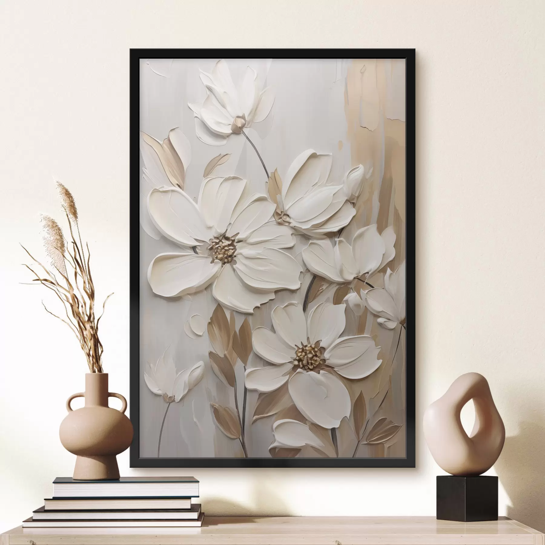 Papier peint photo Fleurs blanches abstraites aux pétales texturés, sur fond neutre avec imitation de coups de pinceau subtils. f47873