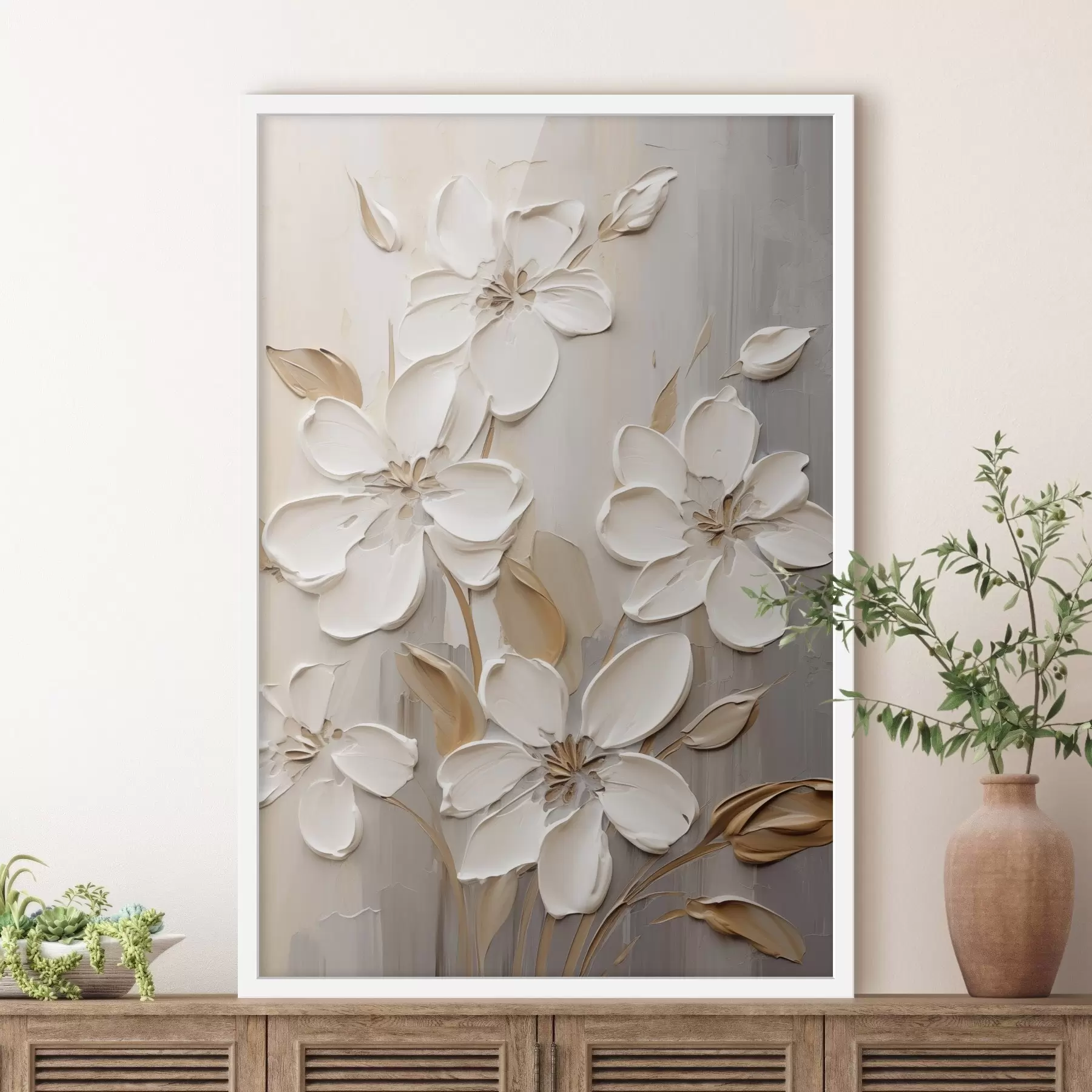 Papier peint photo Fleurs blanches abstraites aux pétales texturés, sur fond neutre avec imitation de coups de pinceau subtils. f47874