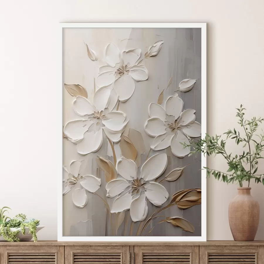 Papier peint photo Fleurs blanches abstraites aux pétales texturés, sur fond neutre avec imitation de coups de pinceau subtils. f47874