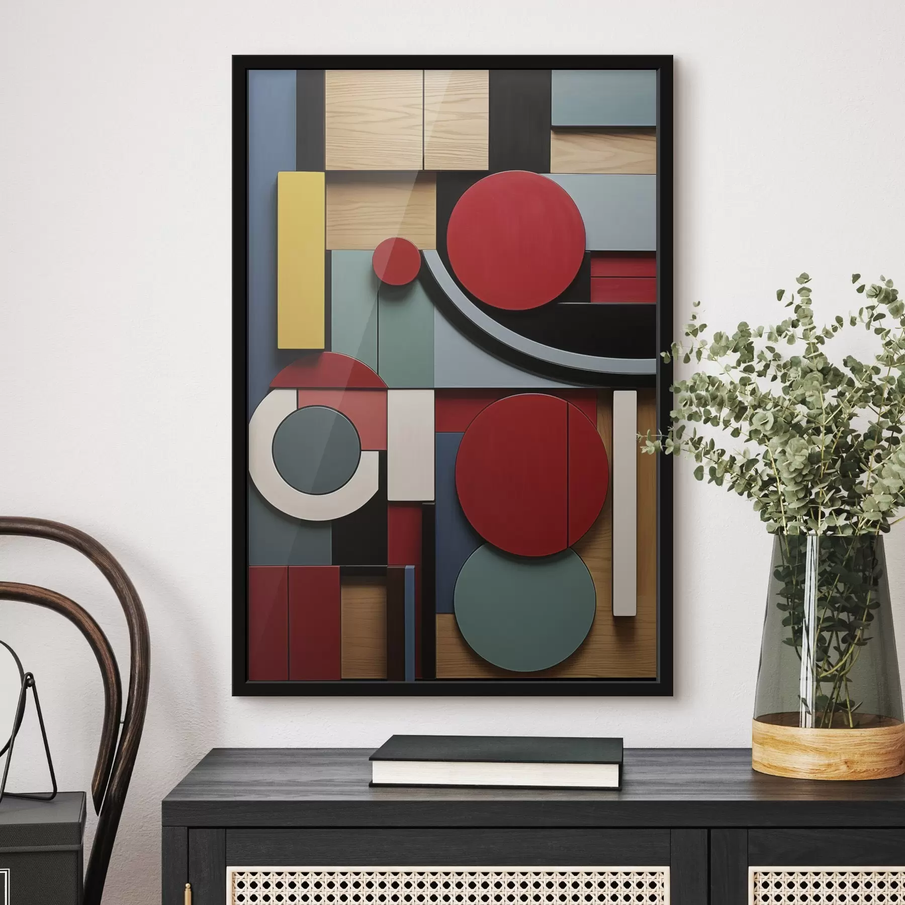 Papier peint photo Composition géométrique abstraite avec imitation de texture bois, rectangles et cercles rouges, noirs, blancs et bleu sarcelle f47876