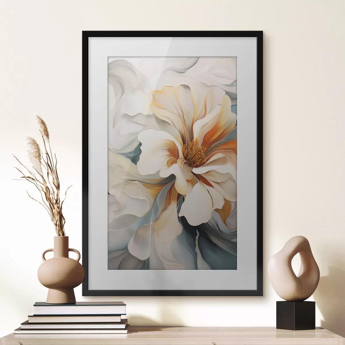 Poster Abstracte grote bloem met witte, oranje en blauwgroene bloemblaadjes, gestructureerde achtergrond f47877
