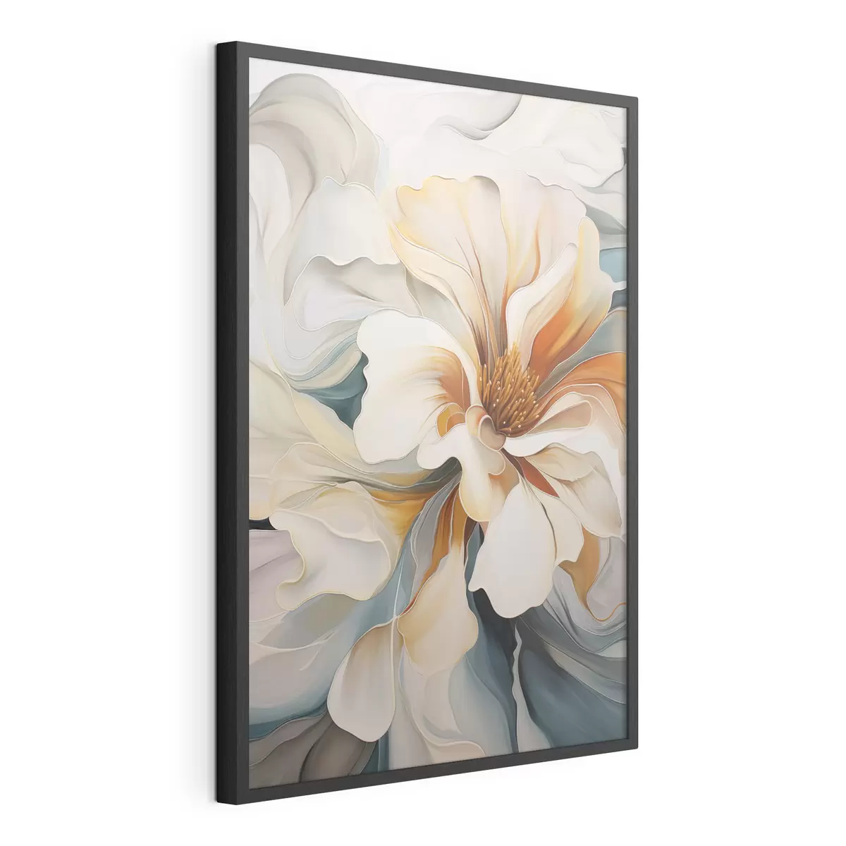 Poster Abstracte grote bloem met witte, oranje en blauwgroene bloemblaadjes, gestructureerde achtergrond f47877