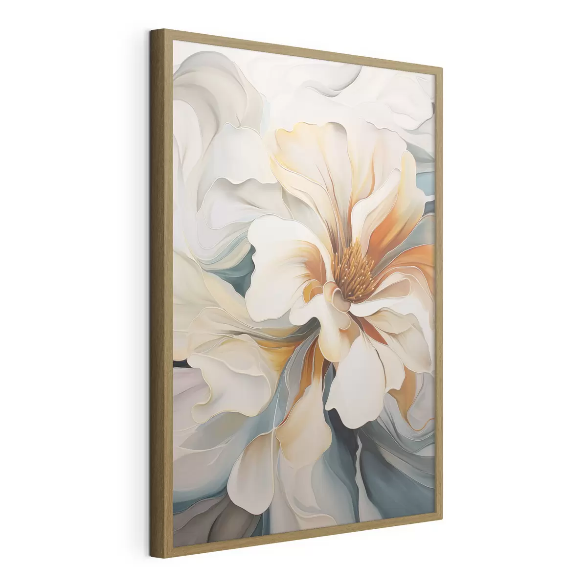 Poster Abstracte grote bloem met witte, oranje en blauwgroene bloemblaadjes, gestructureerde achtergrond f47877