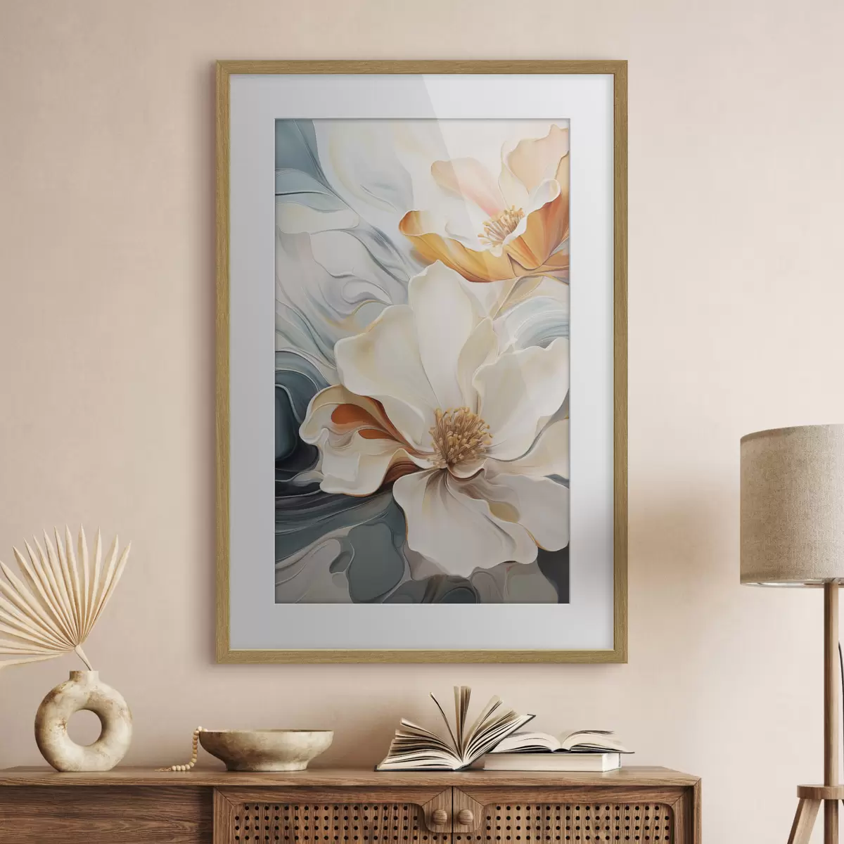 Poster Abstracte grote bloem met witte, oranje en blauwgroene bloemblaadjes, gestructureerde achtergrond f47878