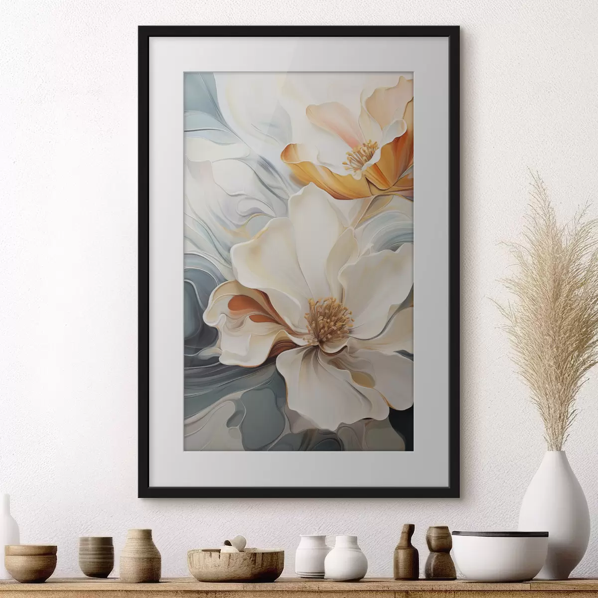 Poster Abstracte grote bloem met witte, oranje en blauwgroene bloemblaadjes, gestructureerde achtergrond f47878