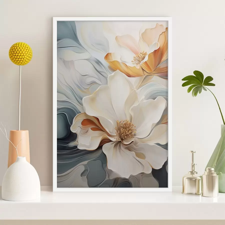 Papier peint photo Fleur abstraite de grande taille avec des pétales blancs, orange et bleu sarcelle, fond texturé f47878