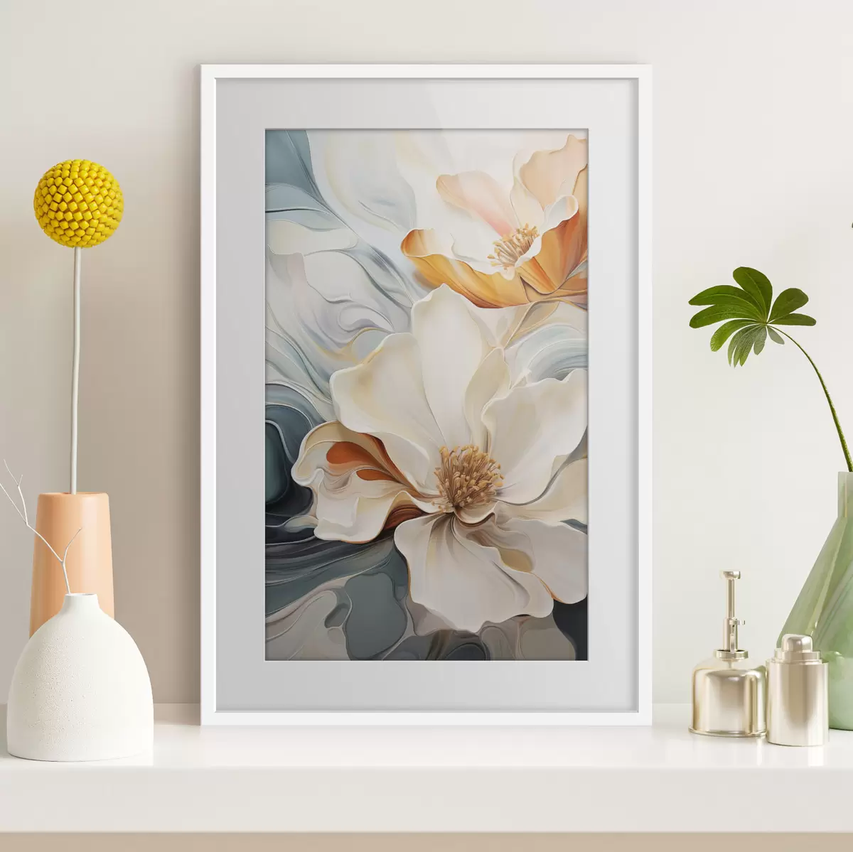 Poster Abstracte grote bloem met witte, oranje en blauwgroene bloemblaadjes, gestructureerde achtergrond f47878