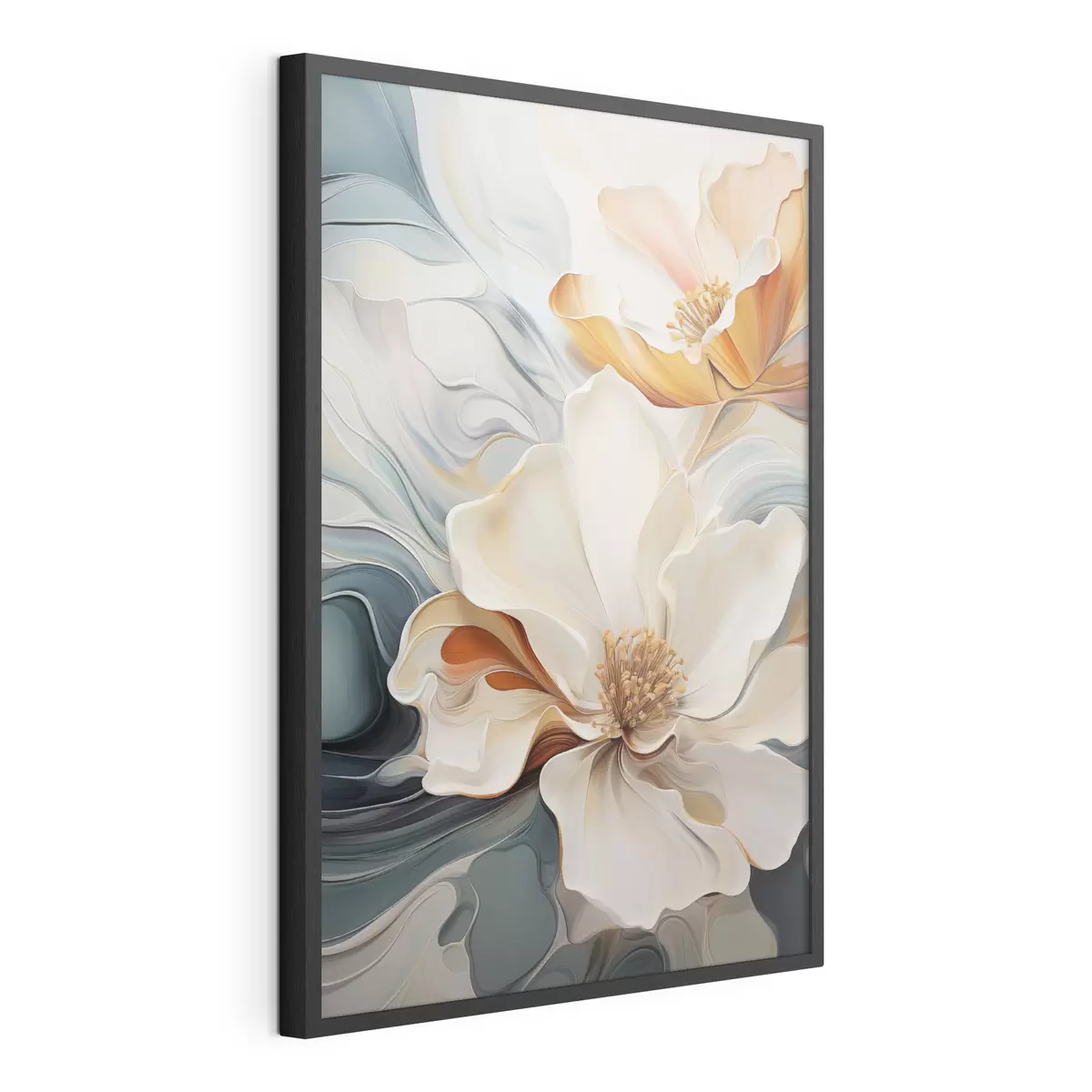 Poster Abstracte grote bloem met witte, oranje en blauwgroene bloemblaadjes, gestructureerde achtergrond f47878