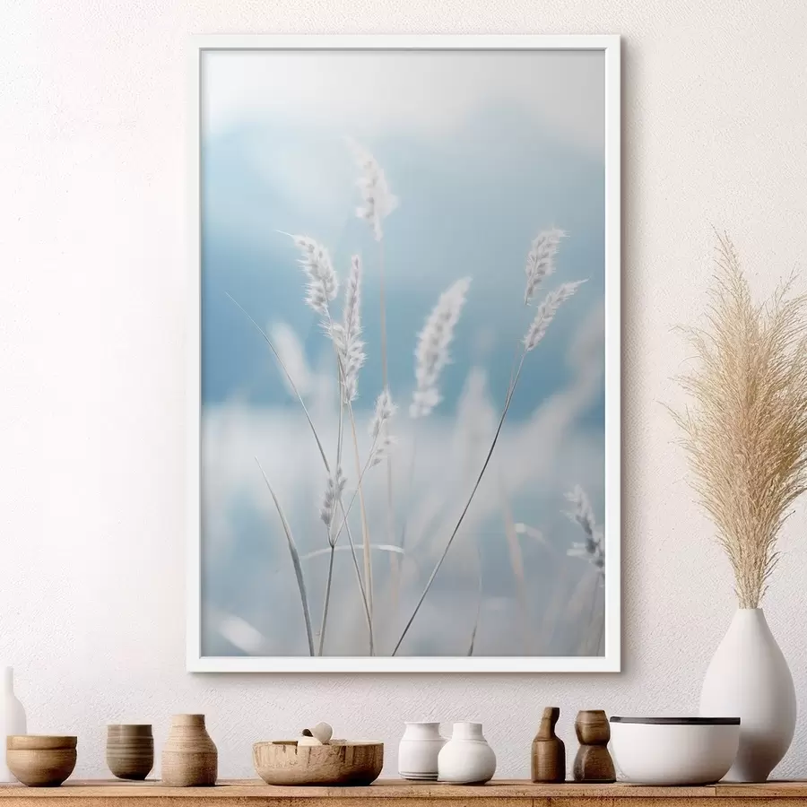 Papier peint photo Herbe blanche et duveteuse sur fond de ciel bleu pâle, avec une faible profondeur de champ f47880