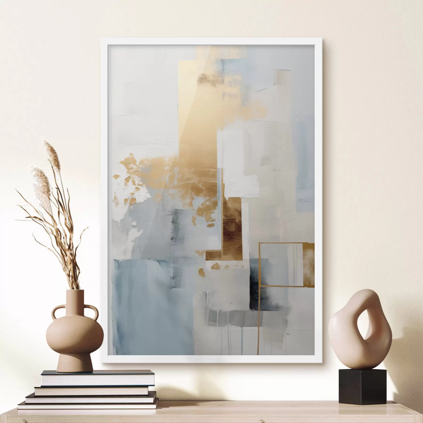 Fotobehang Abstracte geometrische vormen in geel, blauw en wit, met textuur en een minimalistische compositie. f47881