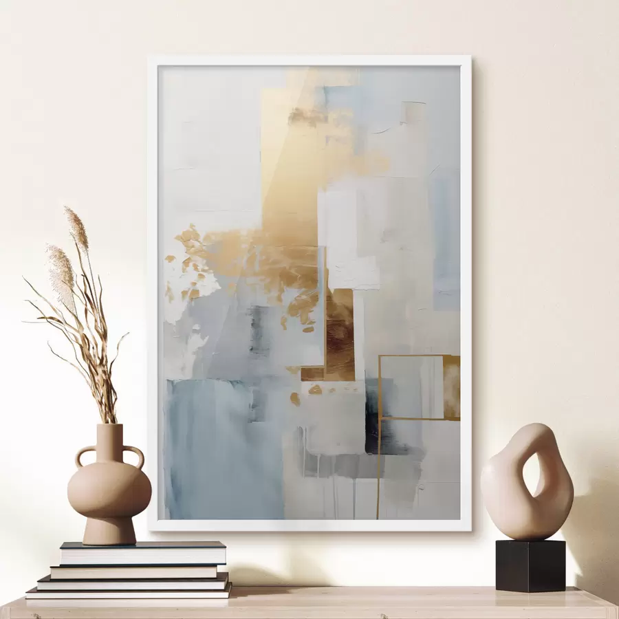 Papier peint photo Formes géométriques abstraites aux couleurs jaune, bleu et blanc, composition texturée et minimaliste f47881