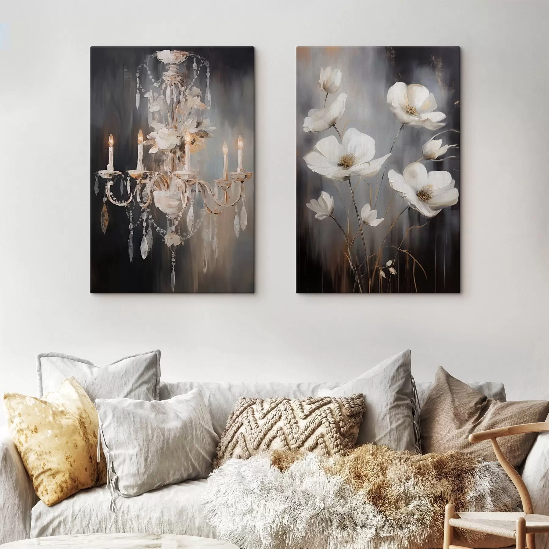  Peintures Lustre abstrait orné de bougies allumées et de motifs floraux, sur fond sombre et texturé. m30049