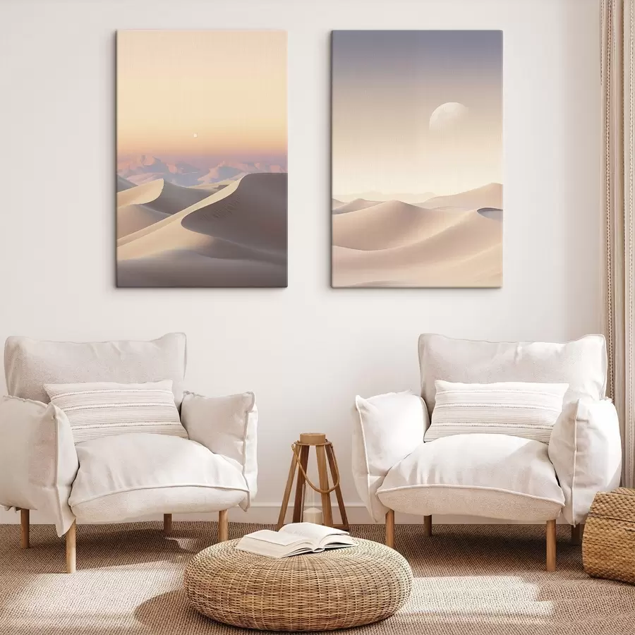  Peintures Un paysage désertique avec des dunes de sable ondulantes sous un ciel pastel doux, des montagnes lointaines en arrière-plan. m30053