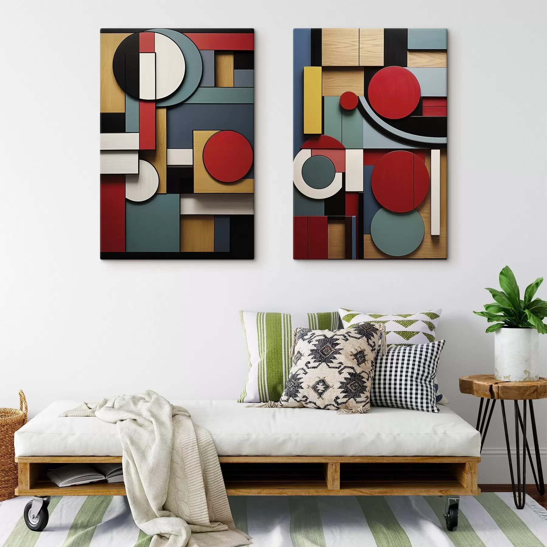  Schilderijen Abstracte geometrische compositie met imitatie van houtstructuur, rode, zwarte, witte en blauwgroene rechthoeken en cirkels m30058