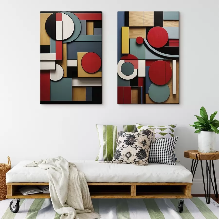  Peintures Composition géométrique abstraite avec imitation de texture bois, rectangles et cercles rouges, noirs, blancs et bleu sarcelle m30058